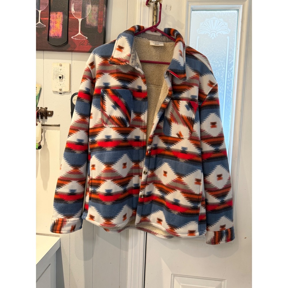 HFX Outdoors Southwestern Fleece Sherpa Lined Shirt Jacket XL Blue Orange Red
